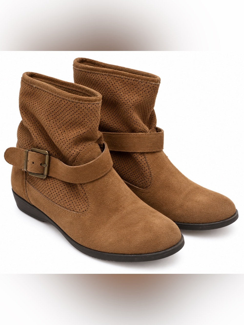 BONGO Tan Suede Perforated Ankle Booties with Buckle Strap